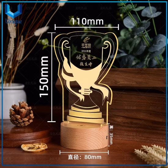 Ornamento de prêmio de acrílico /vidro com logotipo gravado personalizado com luz LED com base de madeira